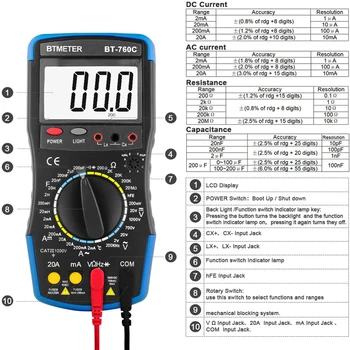 BTMETER LCD Multímetro Digital Volts/Ohms Testador de Medidas de Corrente,Tensão,Resistência,Capacitância, Indutância,Temperatura,Frequência