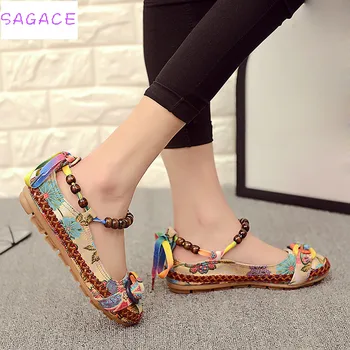 CAGACE 2018 Nova moda das Mulheres de Etnia Laço Beading Dedo do pé Redondo Confortáveis Apartamentos Coloridos Sapatos sapatos de algodão bordado