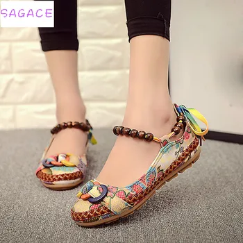 CAGACE 2018 Nova moda das Mulheres de Etnia Laço Beading Dedo do pé Redondo Confortáveis Apartamentos Coloridos Sapatos sapatos de algodão bordado