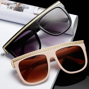 Chegada nova 2020, A Marca de Luxo Unissex Quadrado Oversized Óculos de sol Retro Corrente de Metal Decoração de Óculos de Sol de Topo Plano Tons uv400