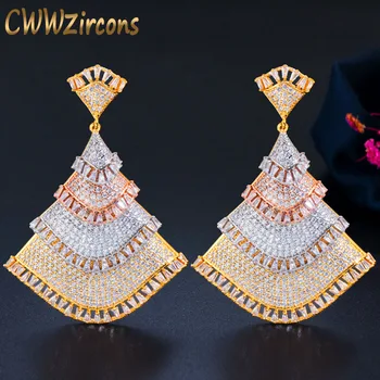 CWWZircons Super Luxo Grande Declaração de Longa Oscila Queda Africana, Nigéria 3 Tons de Ouro CZ Casamento Brincos para Noivas Parte CZ677