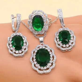 Verde Semi-preciosas Mulheres Prata 925 Jóias de Casamento Conjuntos de Brincos Para Mulheres Pulseira Colar Pingente Anel de Aniversário Gi