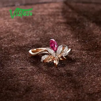 VISTOSO Genuíno 14K585 Rosa de Ouro Fantasia Rubi Brilhante Anel de Diamante Para a Senhora de Casamento Noivado Anniverary Moda, Luxo, Joias Finas
