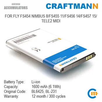 Bateria de 1600mAh para VOAR FS454 NIMBUS 8/FS455 11/FS456 14/FS457 15/TELE2 MIDI (BL6425/BL-231)
