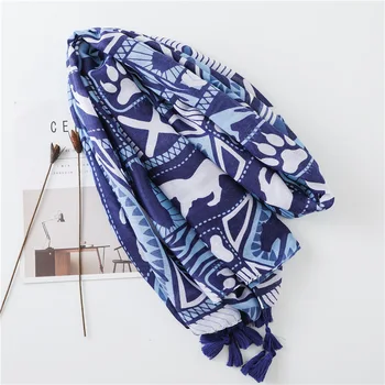 Inverno azul de algodão e de linho, lenço de mulheres protetor solar Lenços de seda moda de verão de borla xale estilo Étnico poeira toalha de praia