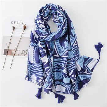 Inverno azul de algodão e de linho, lenço de mulheres protetor solar Lenços de seda moda de verão de borla xale estilo Étnico poeira toalha de praia