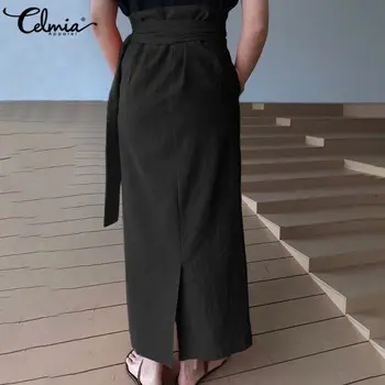 Celmia Moda Cintura Alta Maxi Saia 2021 Outono-Inverno Elegante E Saias De Senhoras Causal Streetwear Saia Bandage Sahes Bolsos Saias