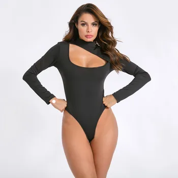 Bodysuits Mulheres Gola Mangas compridas 2021 Womens Moda Sexy Apertado Criativo Ocos de Macacões женское платье