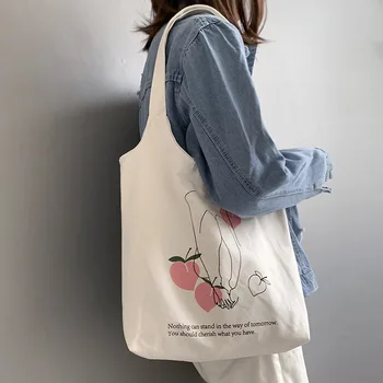 Mulheres De Lona Ombro A Sacola Chique Frutas Impresso Pano De Algodão Sacos De Compras Feminino Bolsa Ins Reutilizáveis Praia Shopper Bag