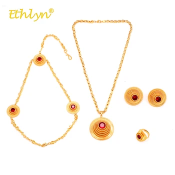 Ethlyn Conjunto de Jóias de Beleza África/Oriente Médio/Etiópia Casamento para as Mulheres de Luxo Colar/Brincos/Anel/Headwear de Cristal de Ouro