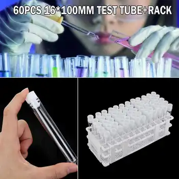 60pcs 16x100mm de Plástico transparente tubos de ensaio com tampas de suporte de tubos de ensaio suporte suporte de laboratório de laboratório de tubos de plástico Transparente frasco