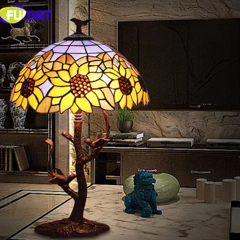 FUMAT Tiffanylamp Candeeiros de Mesa Pteris Staiend Vidro Abajur Para o quarto de cabeceira Lâmpadas de LED em Casa Art Déco Casamento Mesa de Luz