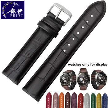 PEIYI Clássico de Bambu Fita Watchbands 20mm 22mm Pulseira de Couro Genuíno Substituição Bracelete Para o Huawei Assistir 2/Pro/GT