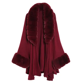 Lugentolo Ponchos e Capes Mulheres Solta Fox Fur Collar Casaquinho de Malha de Moda de Inverno Bastão Tipo de Cabo Casaco