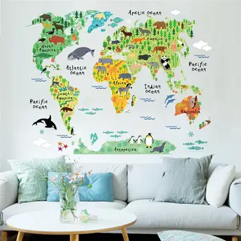 Mapa animais adesivos de parede decorações de quarto de desenhos animados mural de arte zoo as crianças em casa decalques cartazes 037. 5.0