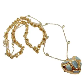 Y·YING Natural em formato de Coração Azul Larimar Pingente de colar de cor de Ouro Banhado a Cadeia de Camadas de instrução Colar de 20