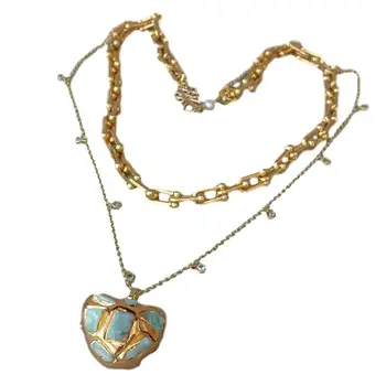 Y·YING Natural em formato de Coração Azul Larimar Pingente de colar de cor de Ouro Banhado a Cadeia de Camadas de instrução Colar de 20
