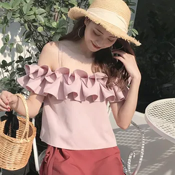 2019 Verão Elegante Doce Plissado Barra pescoço para Fora Topo de Ombro Chiffon Camisa Solta Manga Curta Coreia Moda Senhoras Tops