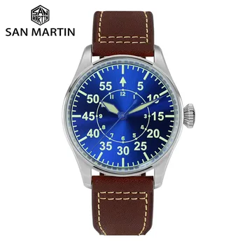 San Martin Piloto Homens Mecânicos de Aço Inoxidável do Relógio de Safira, caixa transparente de Volta Luminosa Pulseira de Couro Impermeável 100M