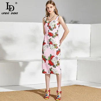 LD LINDA DELLA Verão Designer de Moda Plus size Vestido de Mulher de Espaguete fita Floral Print Senhoras Elegantes Vestidos Midi Vestoidos
