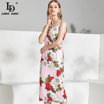 LD LINDA DELLA Verão Designer de Moda Plus size Vestido de Mulher de Espaguete fita Floral Print Senhoras Elegantes Vestidos Midi Vestoidos