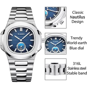 2020 Novas PLADEN de Quartzo Relógios Para Homens Luxo de Data Automática do Relógio Impermeável de Couro Genuíno fase da Lua Relógio Relógio Masculino