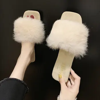 Moda nova Quente Mulheres Sapatos de Mulher Chinelos de Peles de Inverno, Chinelos de quarto Sólido Deslizamento no Plano de Peles Chinelos de quarto Feminino Slides Plus Size