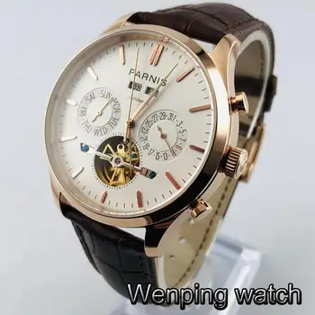 Parnis 43mm multifuncional automatic mens relógios de prata caso, mostrador branco data de semana do ano mens top relógio mecânico