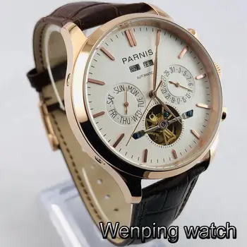 Parnis 43mm multifuncional automatic mens relógios de prata caso, mostrador branco data de semana do ano mens top relógio mecânico
