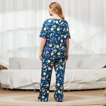 Nova primavera, outono tamanho plus pijamas para mulheres azul floral print T-shirt e calças compridas para casa vestir duas peças de ternos 4XL 5XL 6XL 7XL