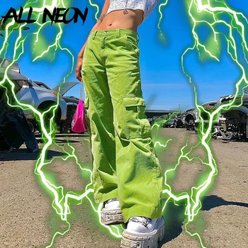 ALLNeon Y2K Moda Hip Hop Estilo Cintura Alta Calças Oversized E-menina Vintage de Veludo Bolsos Reta Verde Calças Cargo Cair