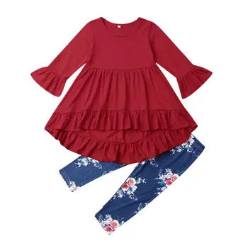 2019 Novo filho Bebê Meninas Outono Inverno de Roupas de Manga Sino Plissado Tops, T-shirt com estampa Floral e Calças compridas Roupas Para 2-7Years