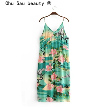 Chu Sau beleza Estilo Boho Moda Lotus Impressão Midi Vestido de Alça de Mulheres Férias Chique Solta Dividir Vestidos Femininos moda praia Bela