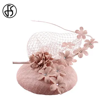 FS Sinamay Fascinators Mulheres de Chapéus Elegantes Casamento-de-Rosa Chapéus de Senhoras Flor Fedoras Vintage Com Véus Headwear de Noiva Casada