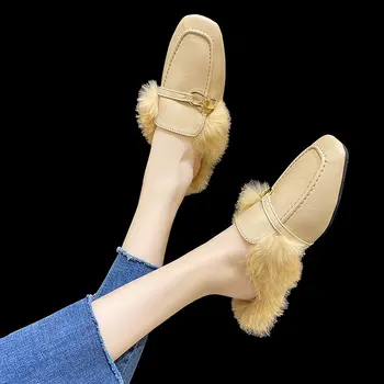 Novas Peles Mulas Mulheres Preguiçoso Sapatos Outono Inverno Conforto Sexy Calçados Mulheres Chinelos De Quarto Peludos Slides Fofo E Peludo Flip-Flops