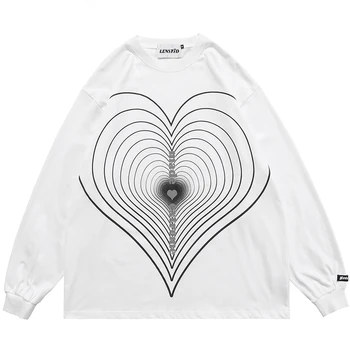 Homens Hip Hop Oversize Reflexiva T-Shirt Coração De Impressão Gráfica De Harajuku Streetwear Camiseta De Manga Longa Solto E Casual Algodão Superior Tees