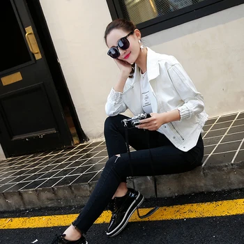 2020 Novas Mulheres Brancas Jaquetas Jeans Estilo coreano Toda a correspondência de Cintura Alta Curta Jean Coats Bolsos com Zíper Casacos de Senhoras