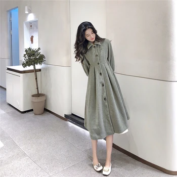 De lã casaco de mulheres de primavera e de inverno de roupas novo estilo coreano de meados de comprimento cintura fina Hepburn estilo de lã grossa trincheira