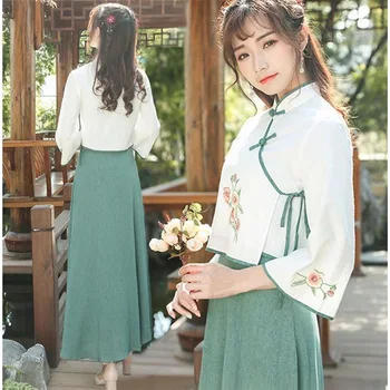 2020 Chinês Hanfu 2 pcs outono Mulheres Bordado Conjunto de Blusa + Saia Estilo de Verão de Duas Peças