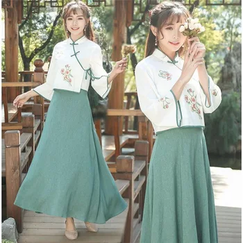 2020 Chinês Hanfu 2 pcs outono Mulheres Bordado Conjunto de Blusa + Saia Estilo de Verão de Duas Peças