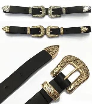 Novo Quente de Moda Vintage esculpida design de liga de Metal Cintos de Couro para mulheres Dupla Fivela de Cinto de Cintura Alta Qualidade do sexo feminino
