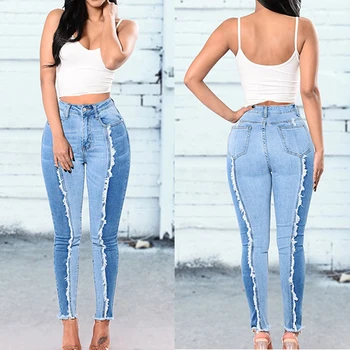 Cor Bloco De Patchwork Jeans Mulher Plus Size Magro Push-Up Jeans, Leggings Novo High Street Luz Azul Denim Borla Lápis, Calças