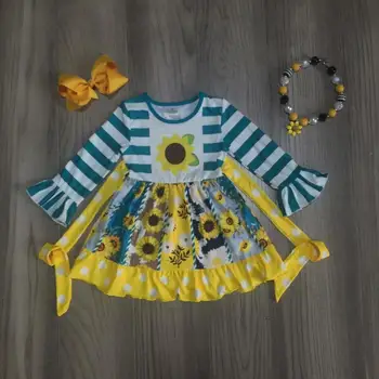 Bebê roupas de meninas meninas se espiralado vestido de girassol vestido azul com listra amarela bainha bebê boutique vestido com acessórios