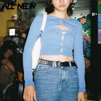 ALLNeon Y2K Estética Cortar Azul T-shirts de 90 Botões de Moda O-pescoço Longo da Luva Crop Tops Bonito Tees Streetwear Vintage Slim
