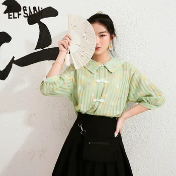 ELFSACK Verde Listrado de Impressão Chinês Chique Botão Casual coreano Blusa Mulheres 2020 Verão ELF Vintage Senhoras Diário de Chiffon Tops