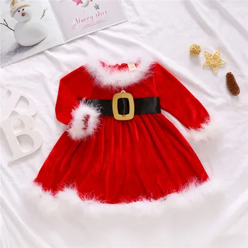 Criança De Lã De Natal, Vestido De Roupas De Vermelho, O Pescoço Longo Da Luva De Alta Cintura De Uma Linha De Vestido De Roupas De Meninas