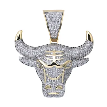 Luxo Gold Cabeça de Boi Gelado Fora Colar Pingente de Cristal de Zircão Corrente de Ouro Motocicleta Festa Homens Colar de Hip Hop Jóias
