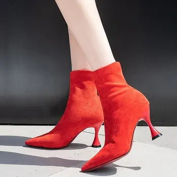 2020 Nova Moda das Mulheres Ankle Boots Apontou Toe Salto Stiletto Camurça Suave Deslizamento de Inicialização Roxo Vermelho Preto Aconchegante Botas Rebanho