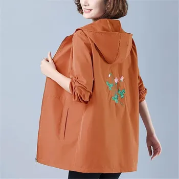 2020 Outono Mulher Jaqueta Estilo coreano Solta Fina e uma Jaqueta de Senhoras Flor Selvagem Bordado com Capuz Casaco Plus Size 6XL H126