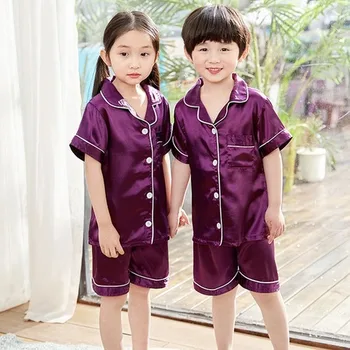 Meninos de Seda do Pijama Conjunto 2020Summer de Manga Curta Roupa infantil Menina Conjuntos de Pijamas de Cetim Pijama Atender Crianças Soild Conjuntos de Pijamas